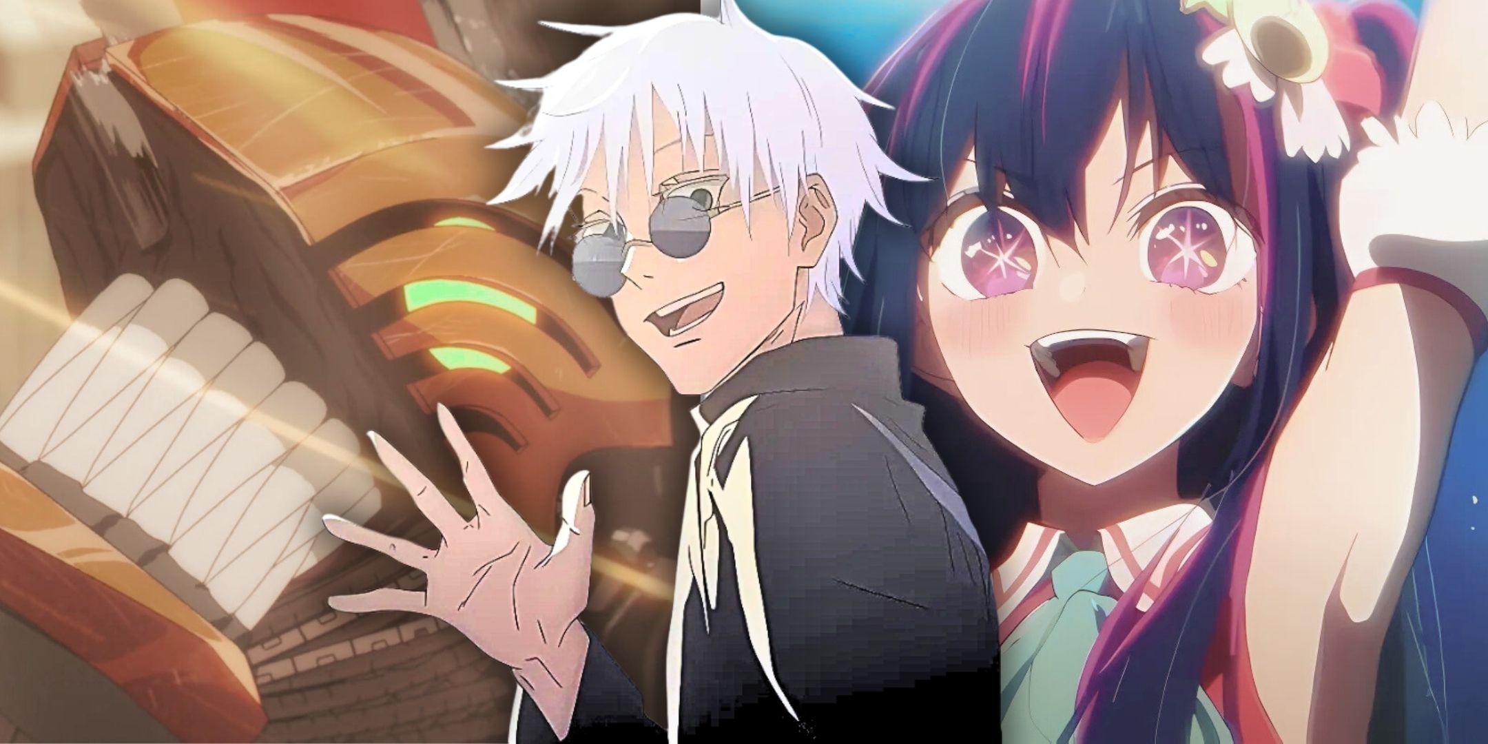 A collage featuring Ai Hoshino (left), Satoru Gojo (center), Denji in Chainsaw Man mode (right)