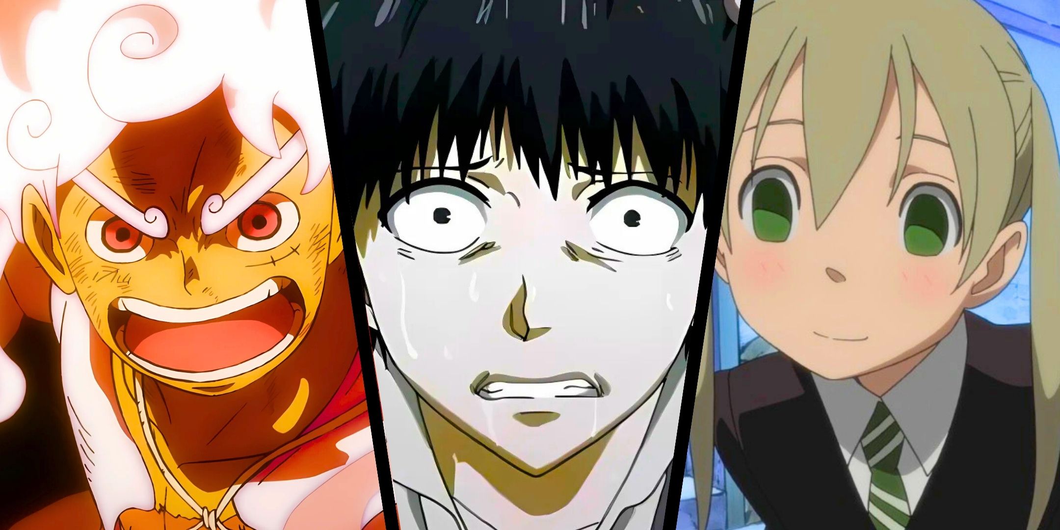 A split image featuring Luffy from One Piece, Tokyo Ghoul and Mika from Soul Eater