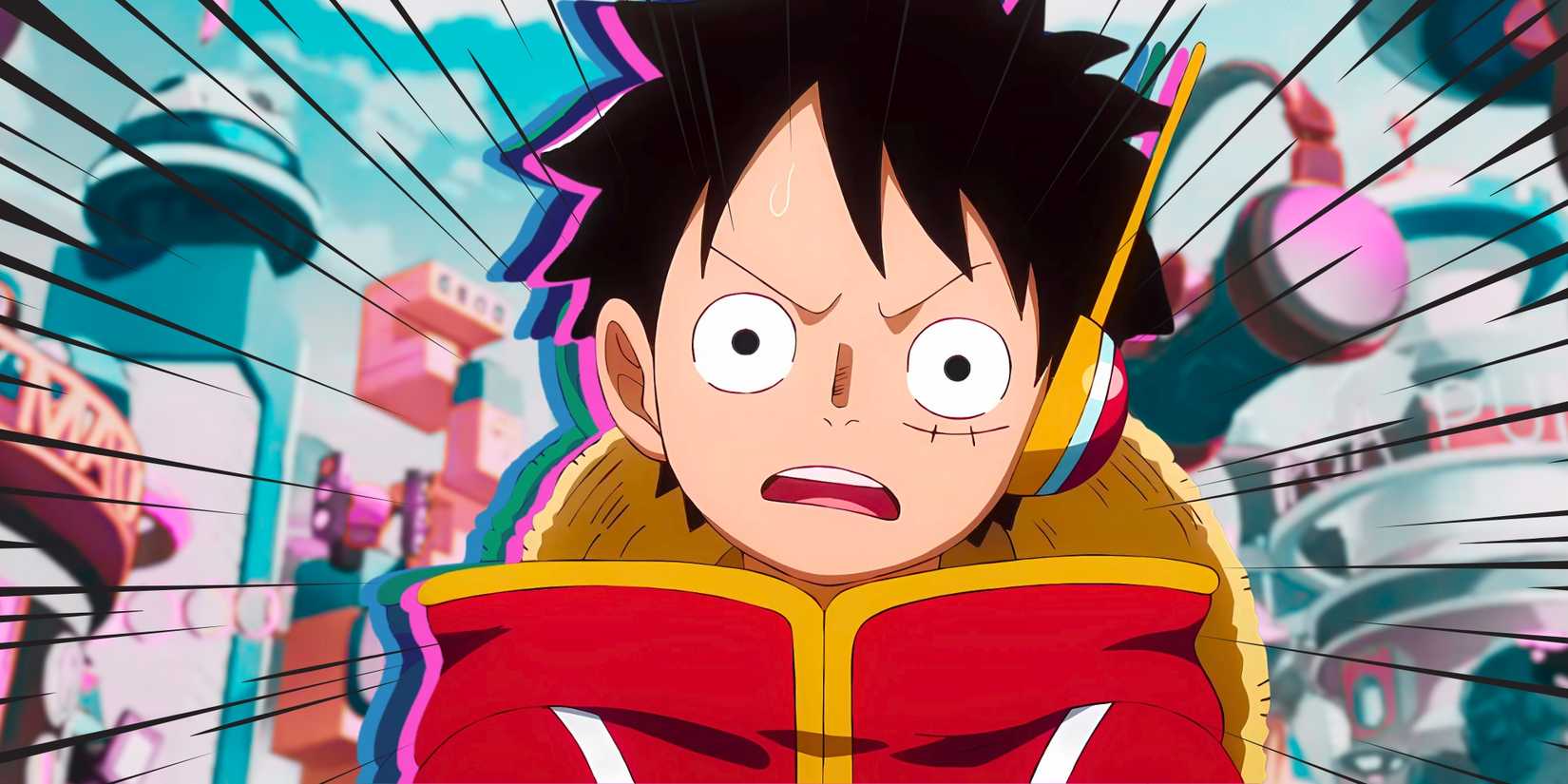 A collage featuring a confused Monkey D. Luffy from the Egghead arc from One Piece