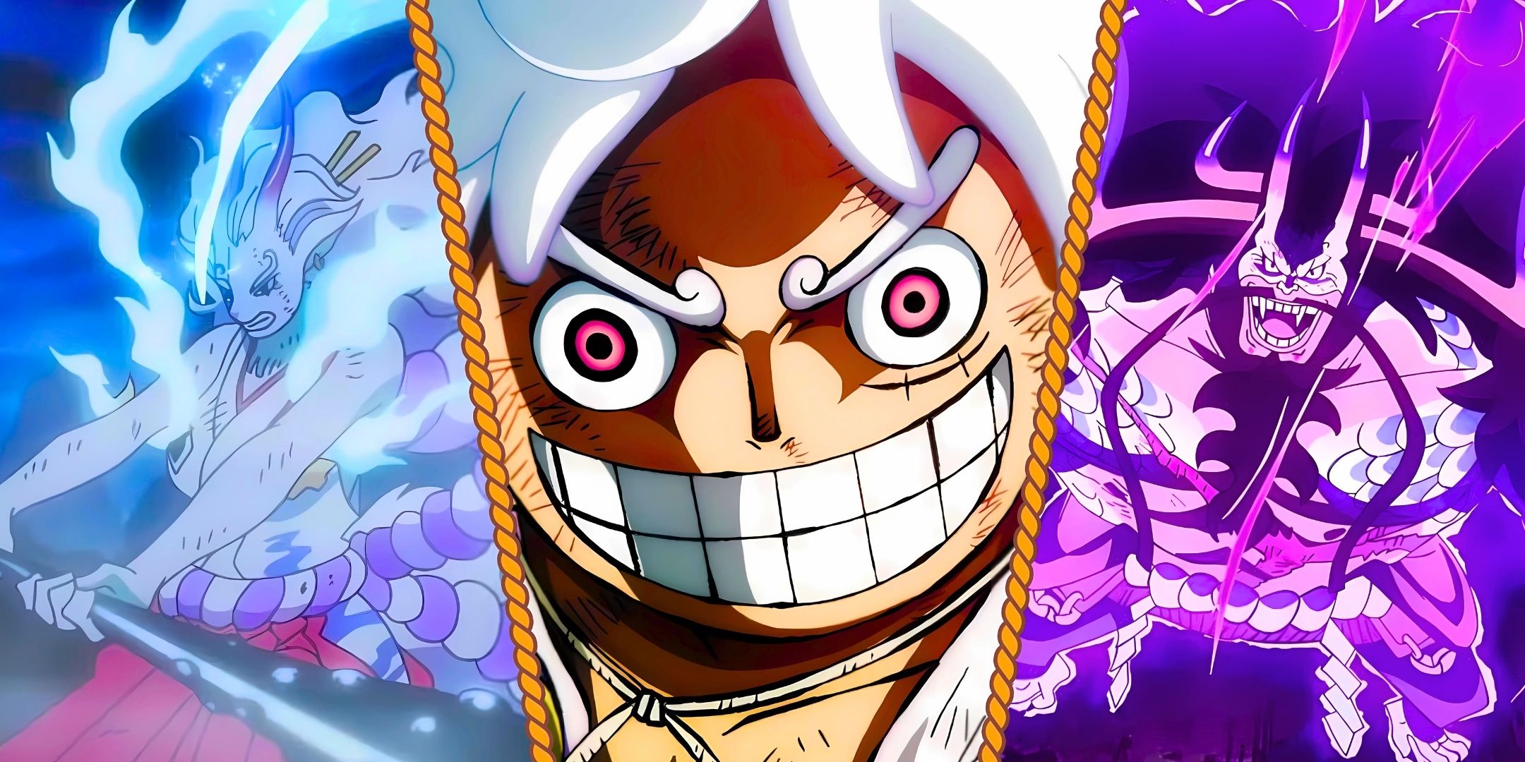 A split image featuring the Mythical Zoans: Gear 5 Luffy, Kaido, and Yamato from One Piece