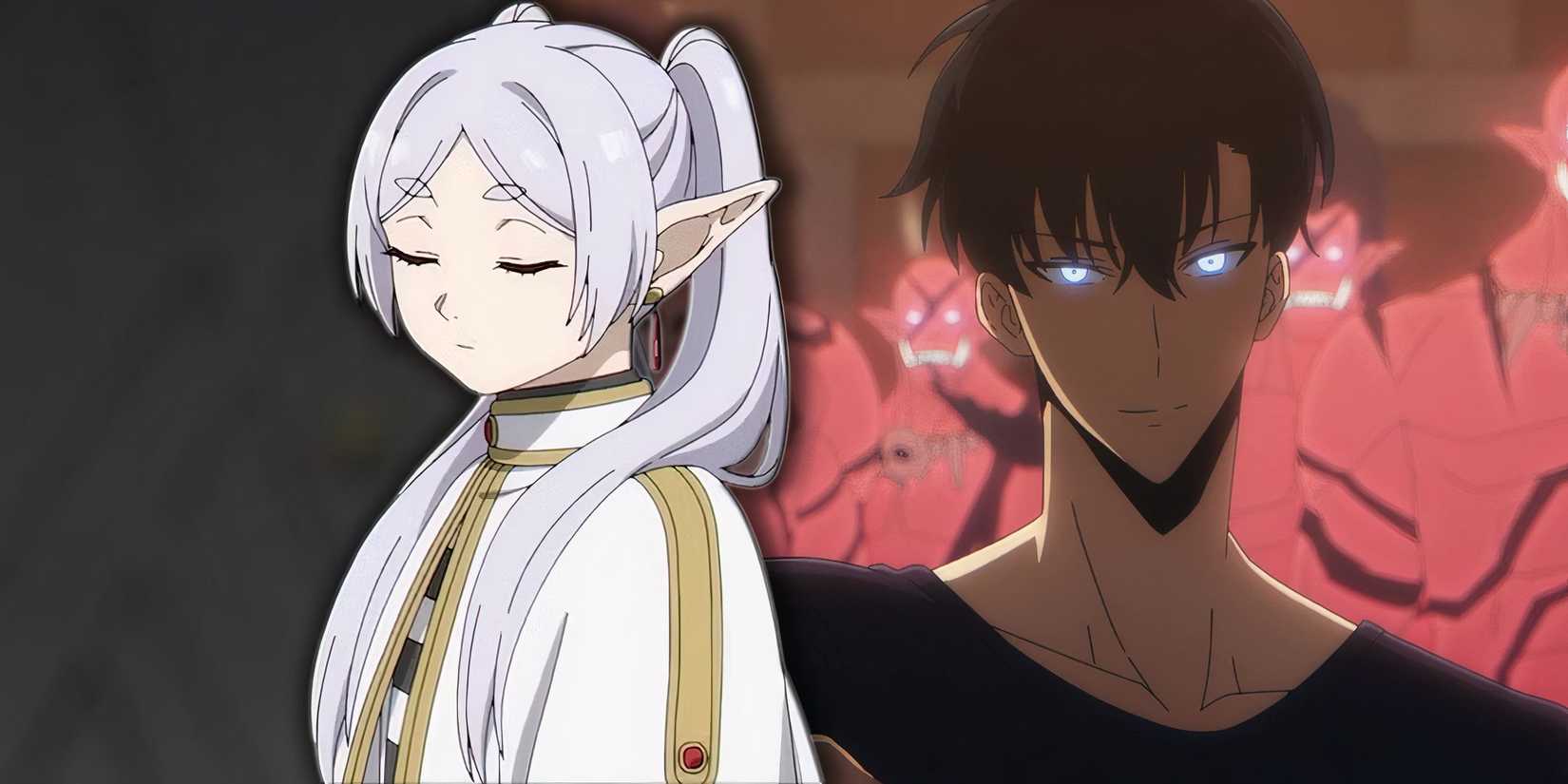 A collage of Frieren and Sung Jinwoo in the Frieren Beyond Journey's End & Solo Leveling anime, respectively