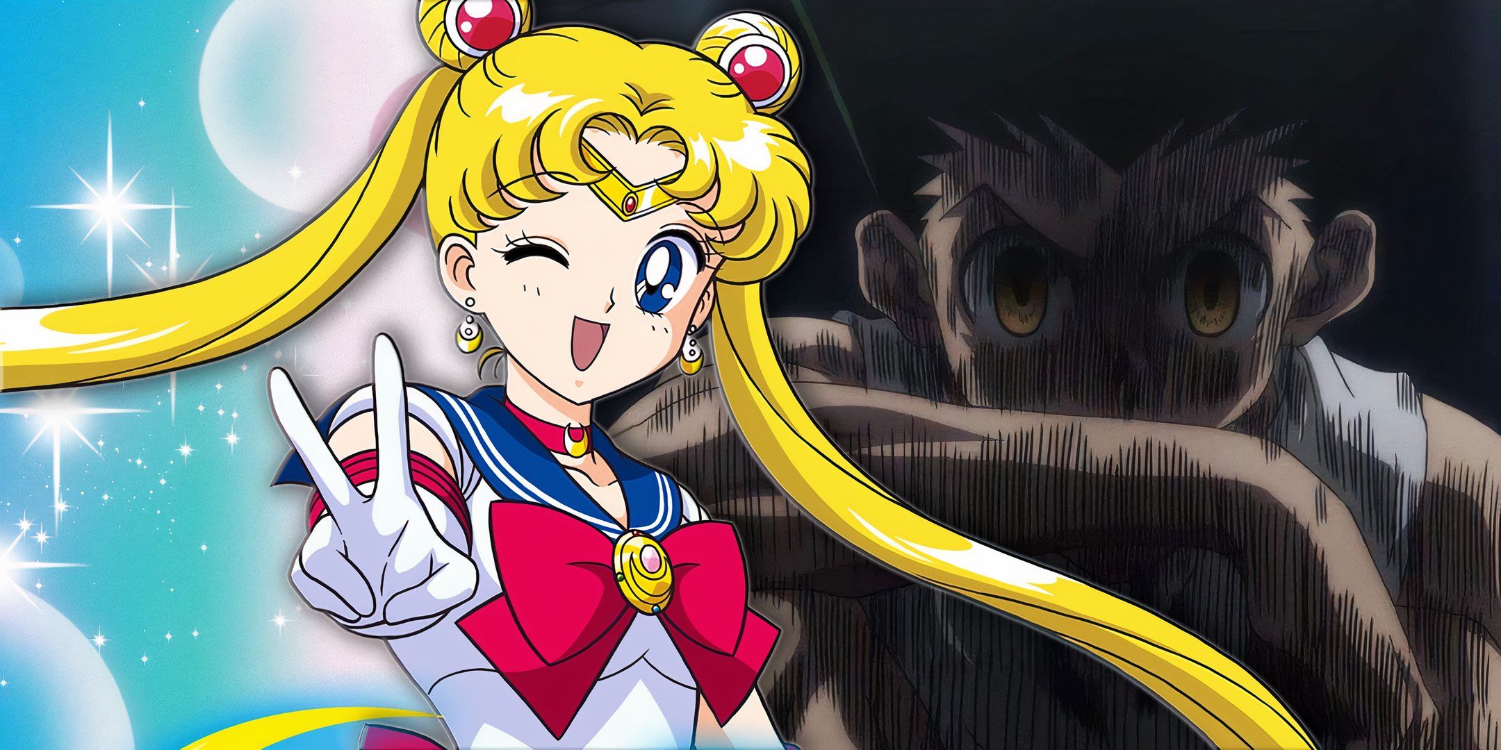 A collage of Usagi looking happy in Sailor Moon and Gon Freecss looking angry in Hunter x Hunter