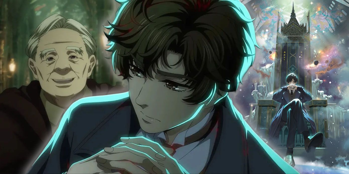 A Lord of Mysteries anime collage featuring Old Neil on the left, Klein in the center, and Klein on a throne on the right