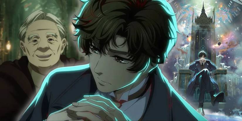 A Lord of Mysteries anime collage featuring Old Neil on the left, Klein in the center, and Klein on a throne on the right