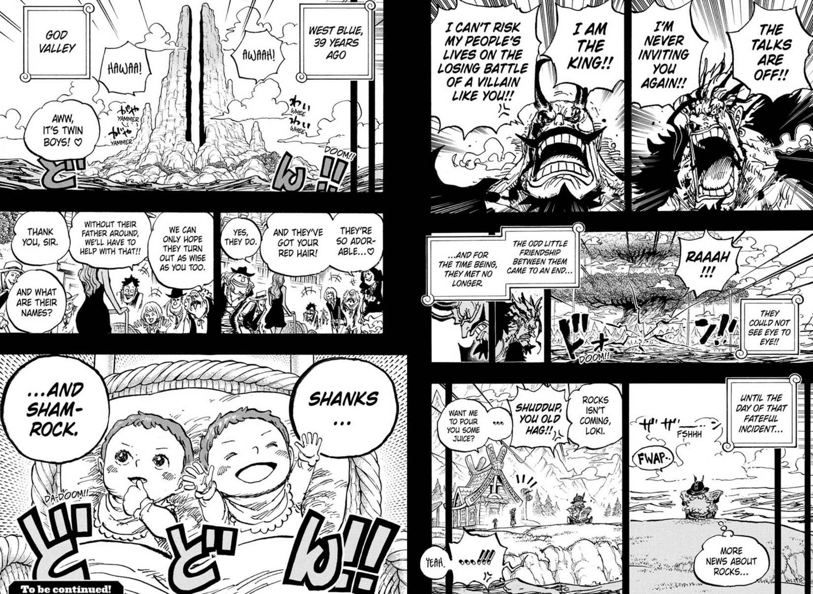 Halaman dari One Piece 1158 menampilkan Raja Harald, Rocks D. Xebec dan Shanks dan Shamrock sebagai bayi