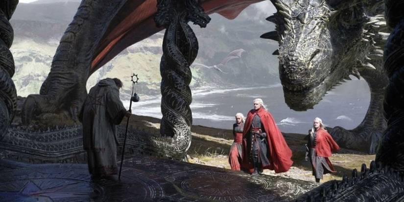 Aegon Targaryen is alongside his sister-wives Visenya and Rhaenys, and his dragon Balerion the Black Dread.