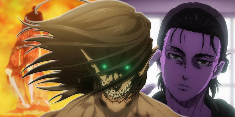 An animated collage from Attack on Titan depicting a Colossal Titan on the left, Titan Eren Yeager in the center, and Eren Yeager with a purple filter on the right.