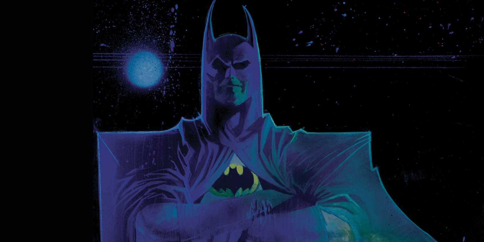 Batman glowers over his compatriots