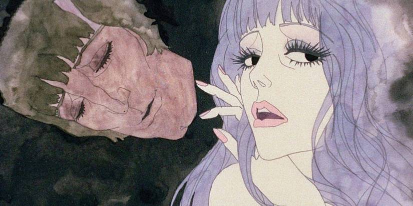 Jeanne and Jean surrounded by darkness in Belladonna of Sadness film.