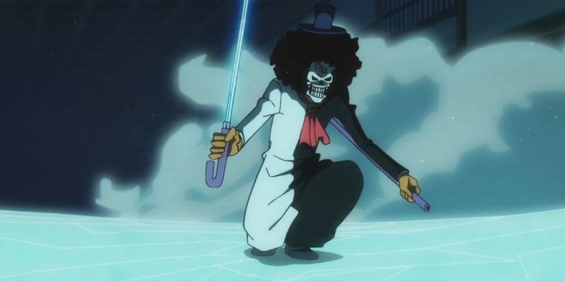 Brook crouches on icy floor after attacking during One Piece's Wano Country arc.