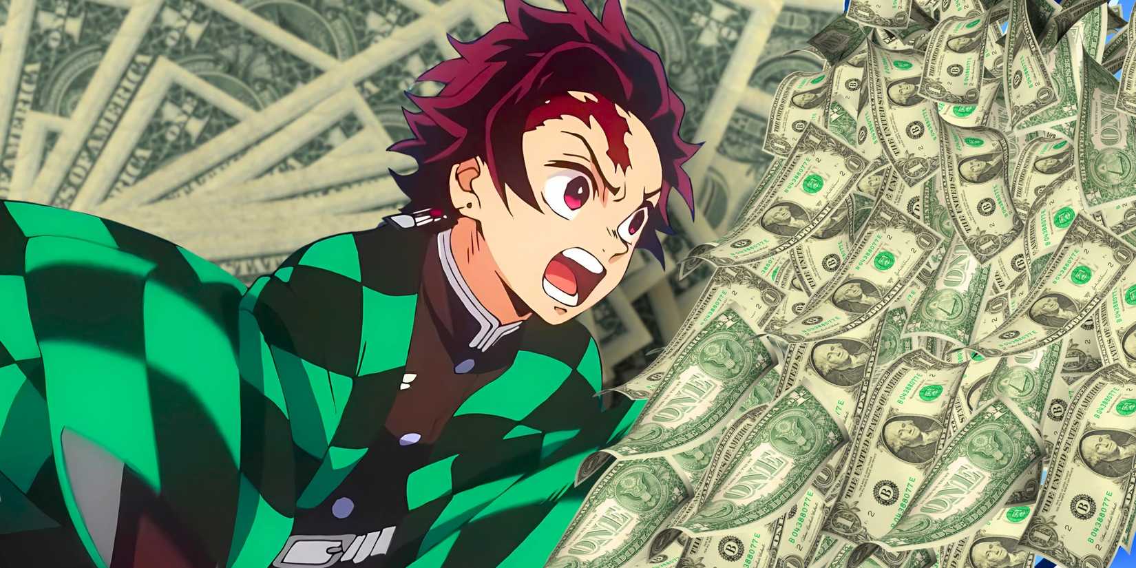 Demon Slayer anime's Tanjiro with American dollar bills surrounding him