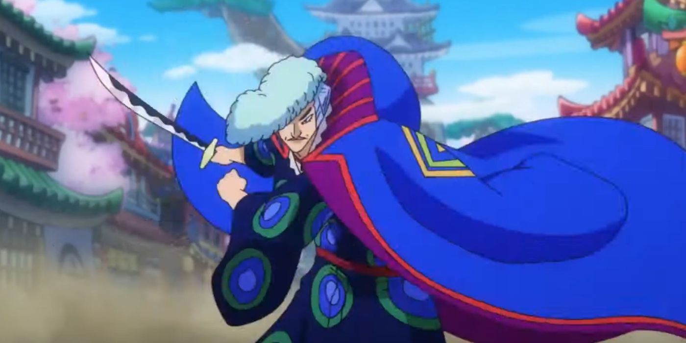 Denjiro runs forward to attack Zoro in One Piece's Wano Country arc.