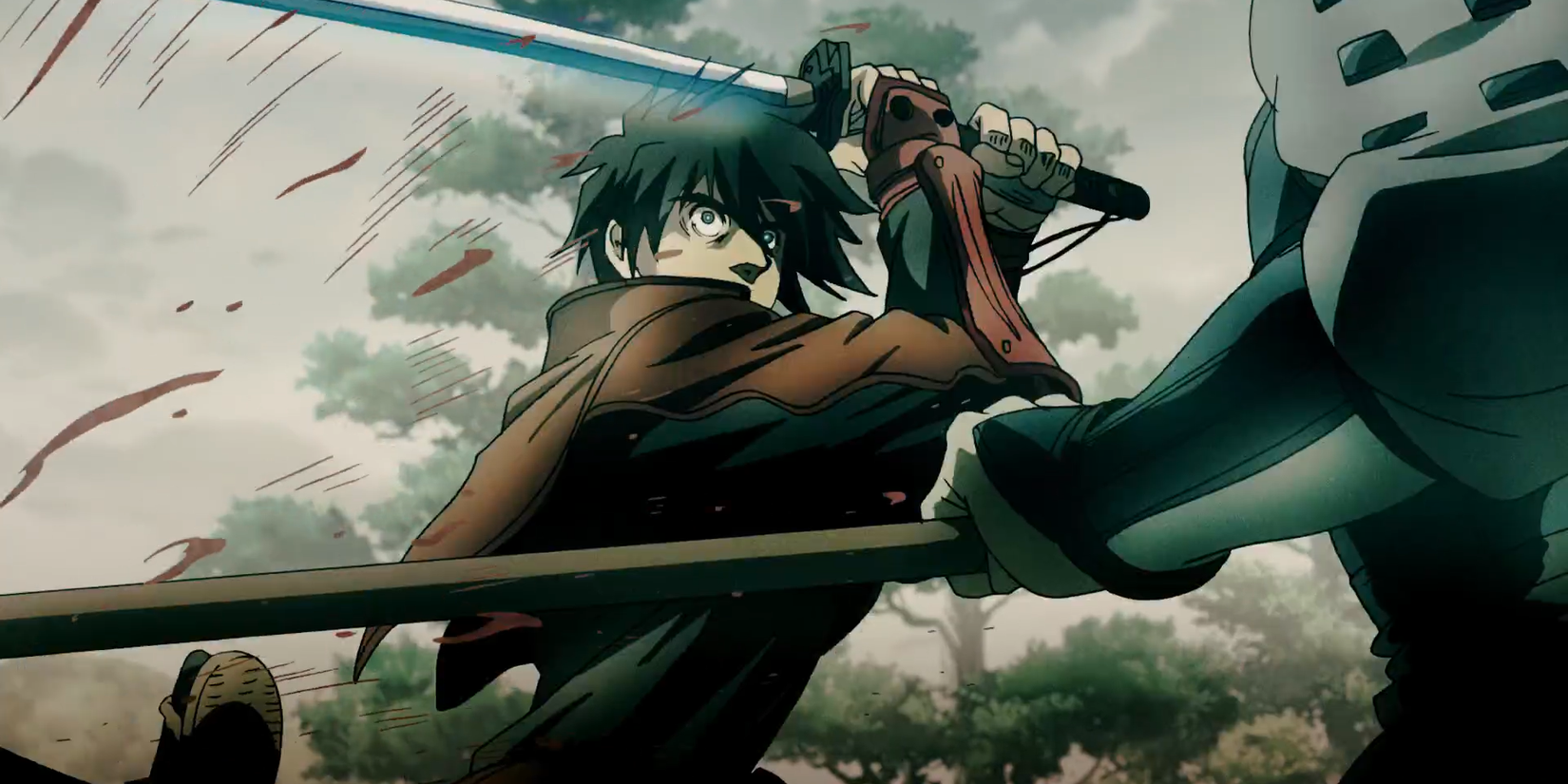 The protagonist slashing through one enemy with a sword while getting ready to attack another enemy in Drifters