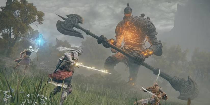 A trio of Elden Ring players taking on a massive enemy with a halberd.