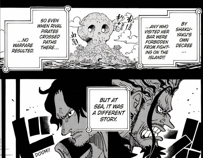 Gol D. Roger dan Rocks D. Xebec saling berhadapan di bawah ilustrasi Pulau Bajak Laut dalam kilas balik One Piece 1158