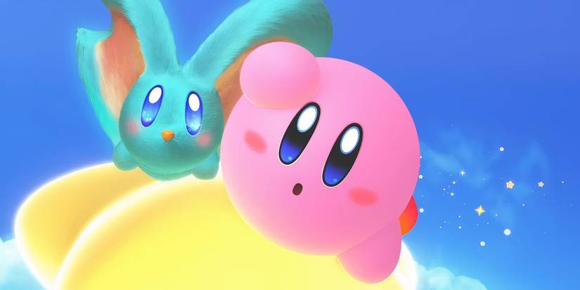 Kirby and Elfilin mount a yellow star through the sky in Kirby and the world of earth forgotten by Star