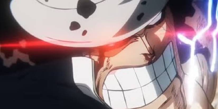 Bartholomew Kuma montre les dents alors que ses yeux brillent de rouge.