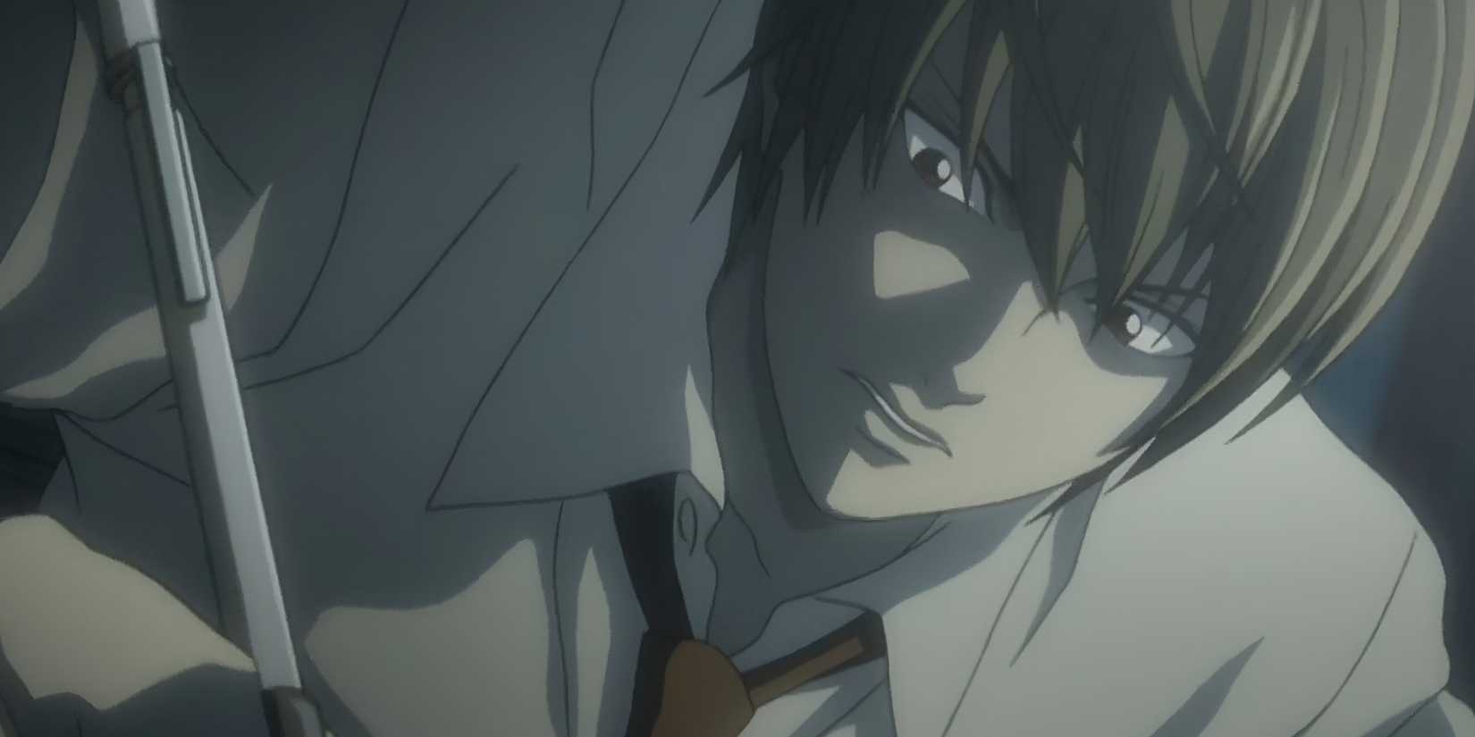 Light Yagami writes the names of criminals in his Death Note with a frustrated expression.