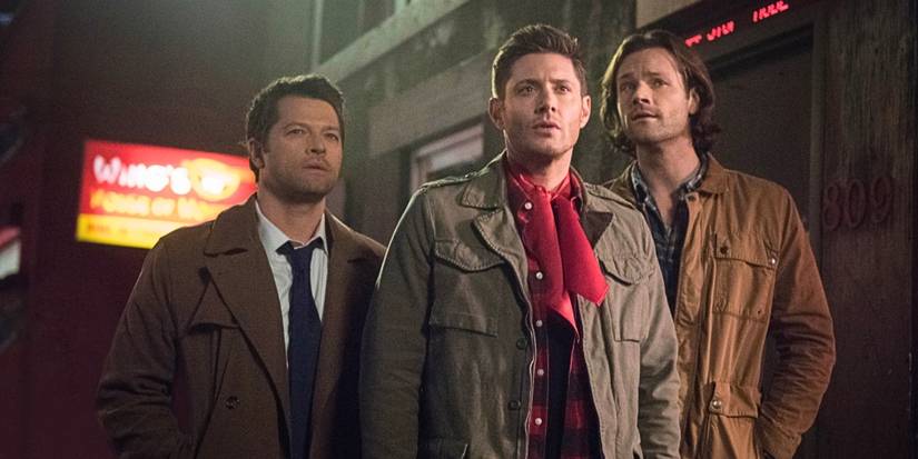Mischa Collins as Castiel, Jensen Ackles as Dean, and Jared Padalecki as Sam uncovering a shady real-estate development in Supernatural 'Scoobynatural'