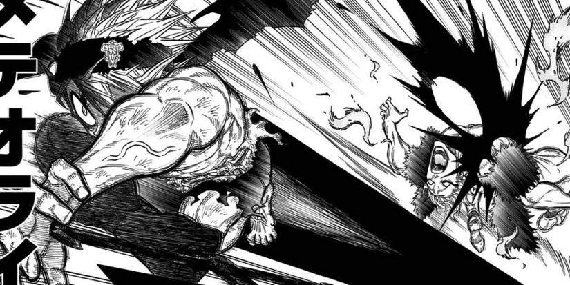Black Clover's Asta defeats Ladros with his Black Meteorite attack.