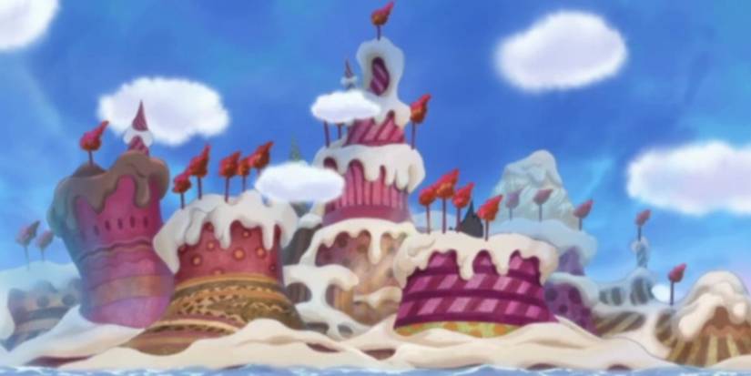 Un aperçu de la capitale de Whole Cake Island, de Sweet City et du château de Whole Cake depuis la mer dans One Piece.