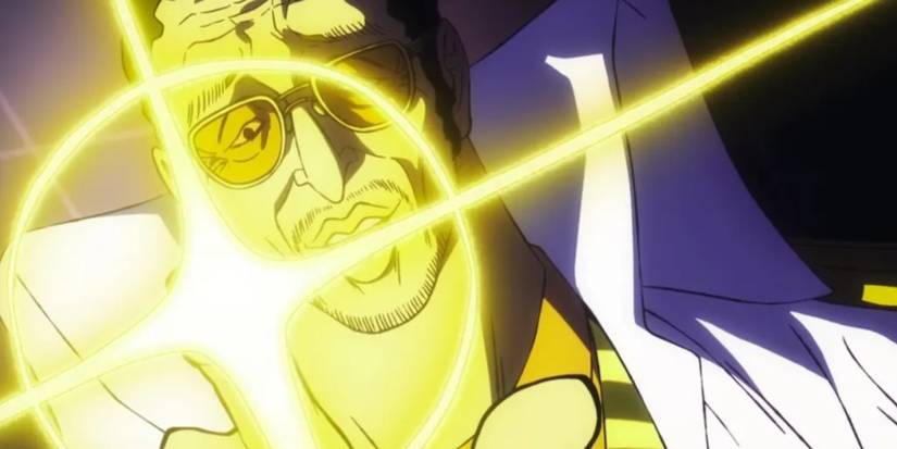 L'amiral Kizaru se prépare à utiliser le fruit Glint-Glint pour tirer un laser de son doigt sur Luffy lors de l'incident Egghead dans One Piece.