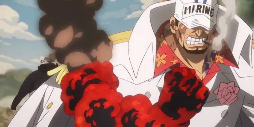 Akainu fléchit son poing magmatique après avoir utilisé le fruit Magma-Magma pour frapper Kuma au visage avec un coup de poing magmatique sur Mary Geoise dans One Piece.