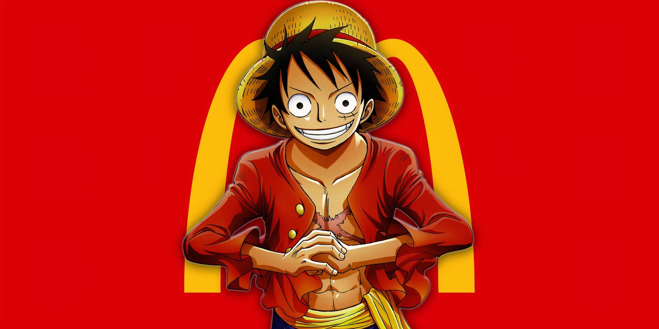 Monkey D. Luffy punches his fist in front of the McDonald's logo