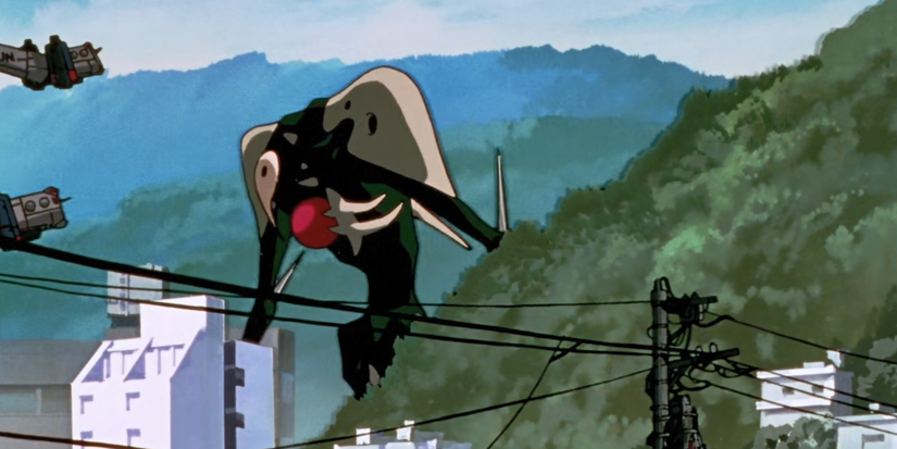 Un ange se dirige vers une ville de l'ouverture de l'évangelion Neon Genesis