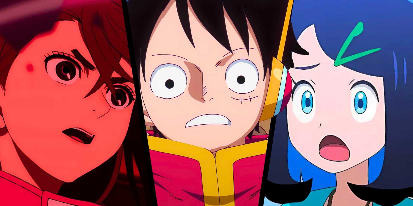 Momo from Dandadan, Luffy from One Piece and Liko from Pokemon anime collage