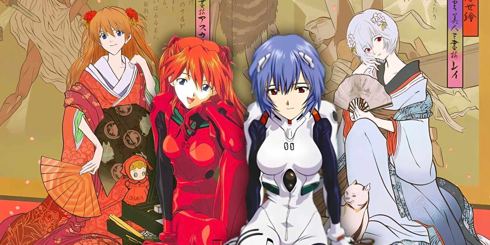 Asuka dan Rei dari Evangelion dengan karya seni ukiyo-e Eva Japonisme