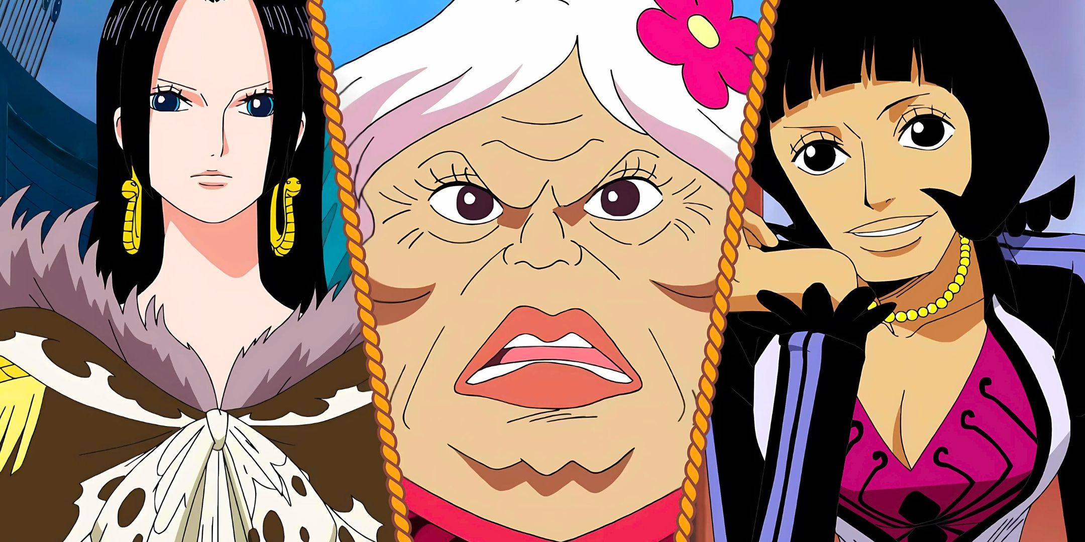 A split image featuring Boa Hancock, Shakky and Elder Nyon from the One Piece anime