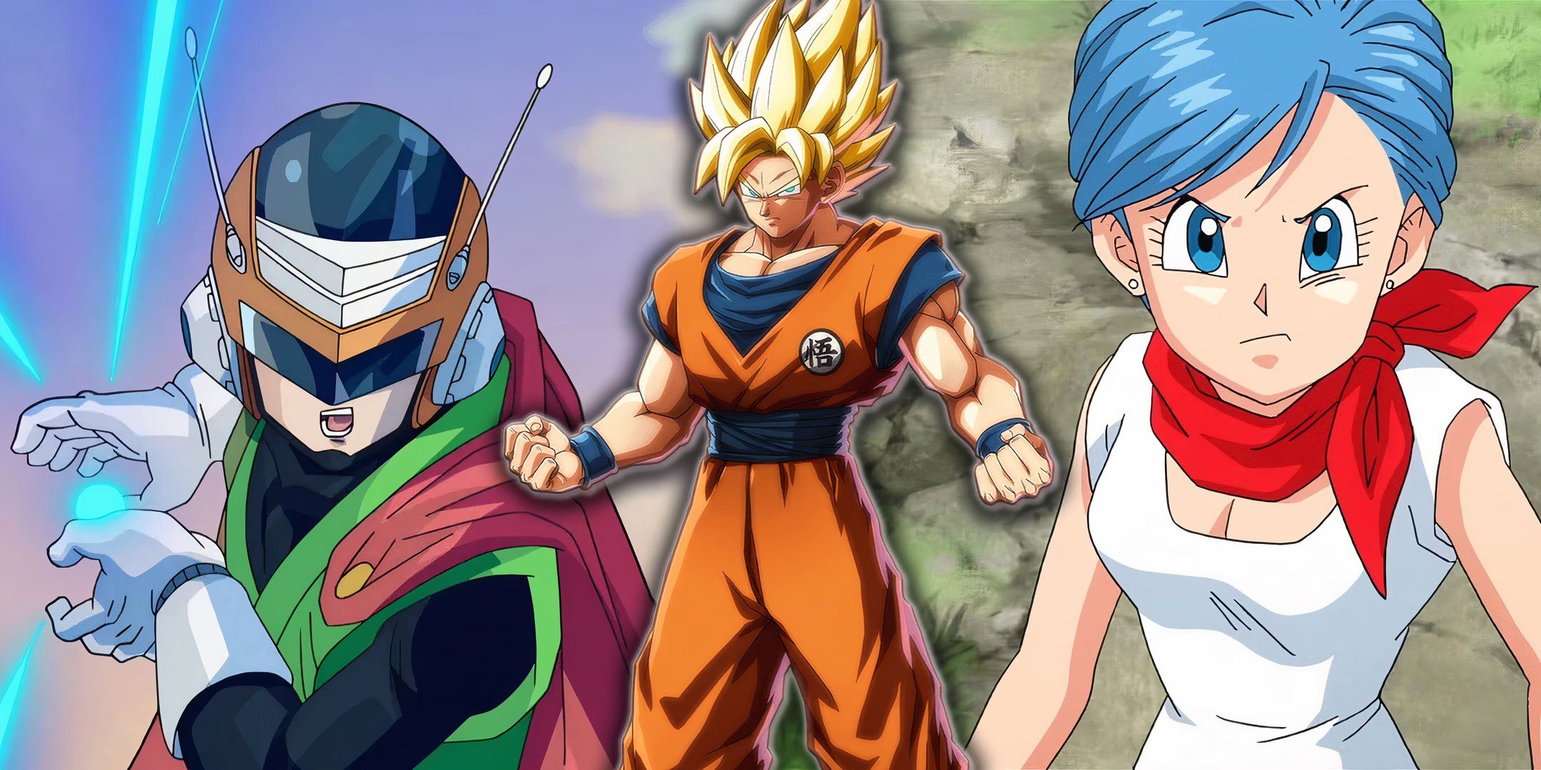 Saiyaman, Super Saiyan Goku, and Bulma