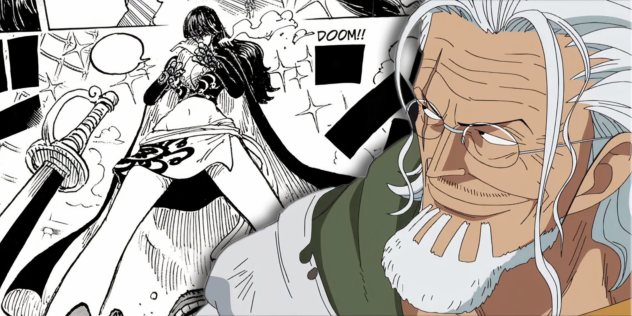 Silver Rayleigh tersenyum sambil melihat ke bahunya pada gambar Shakuyaku di manga One Piece