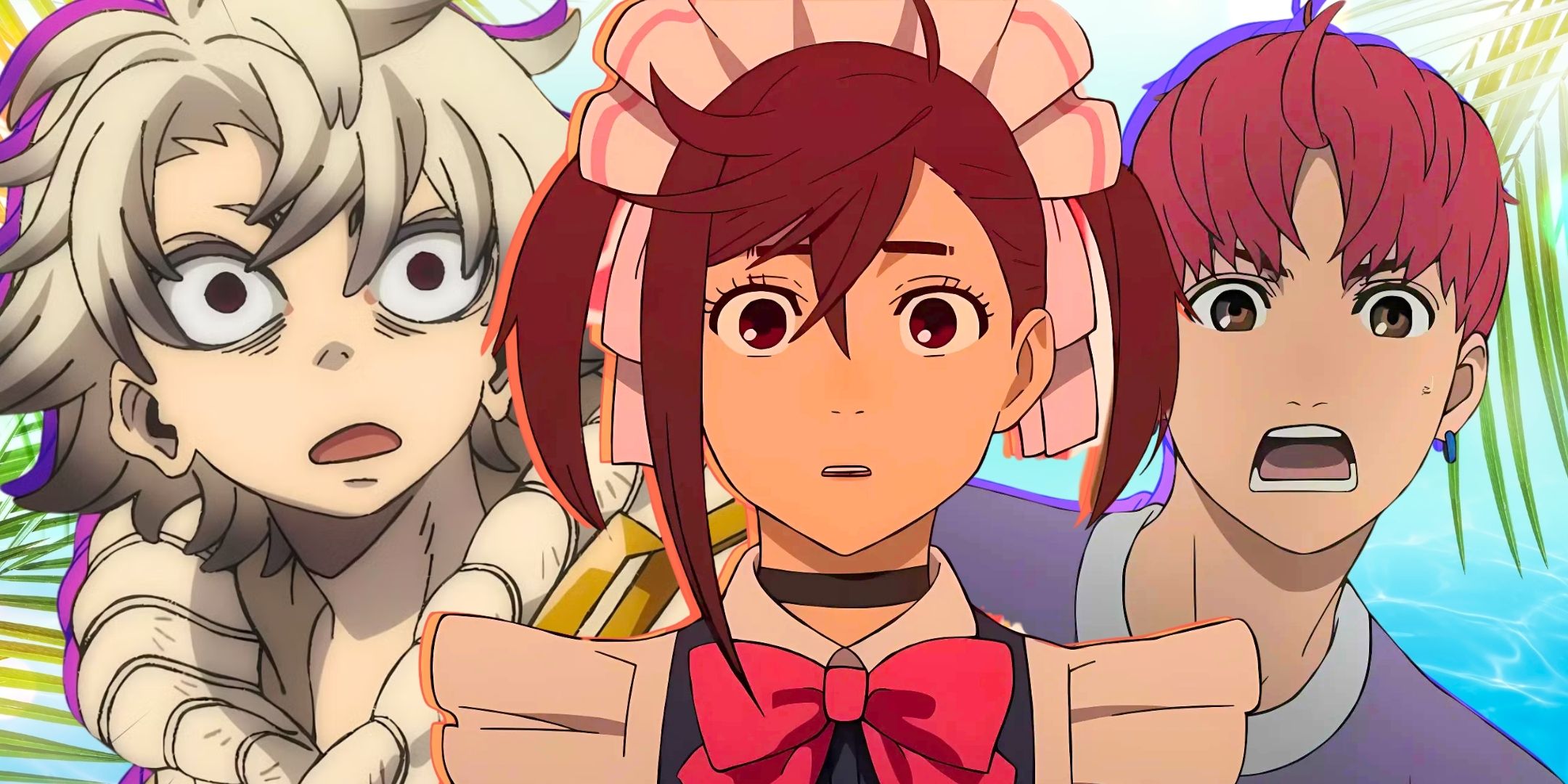 Dandadan and Gachiakuta characters looking spooked, scared, uneasy