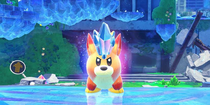 An enemy in the shape of a dog stands defensively in Kirby and in the world of earth forgotten by stars