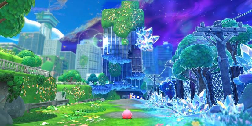 Kirby looks at the earth transforming into crystals in Kirby and in the world of earth forgotten by stars