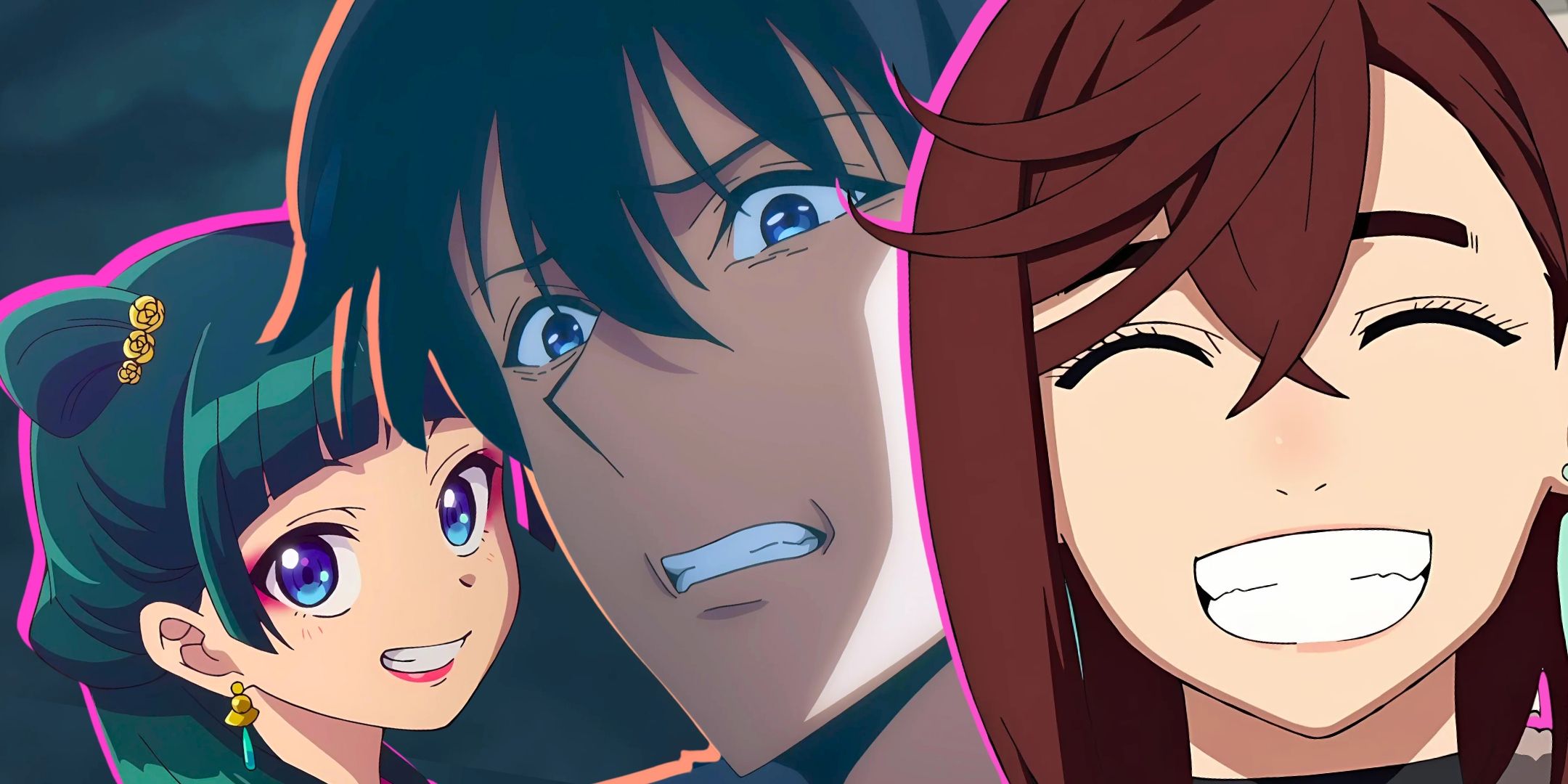 A collage featuring Maomao from The Apothecary Diaries, Sung Jinwoo from Solo Leveling and Momo Ayase from Dandadan