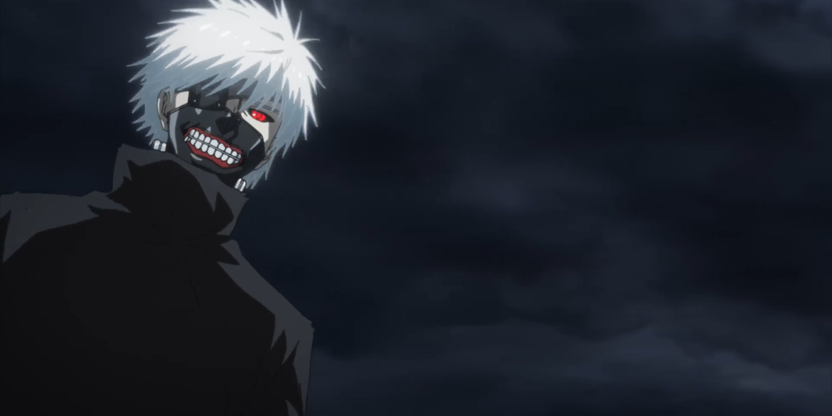 Tokyo Ghoul Season 2 Episode 1 Ken Kaneki from below with a red eye and black mask