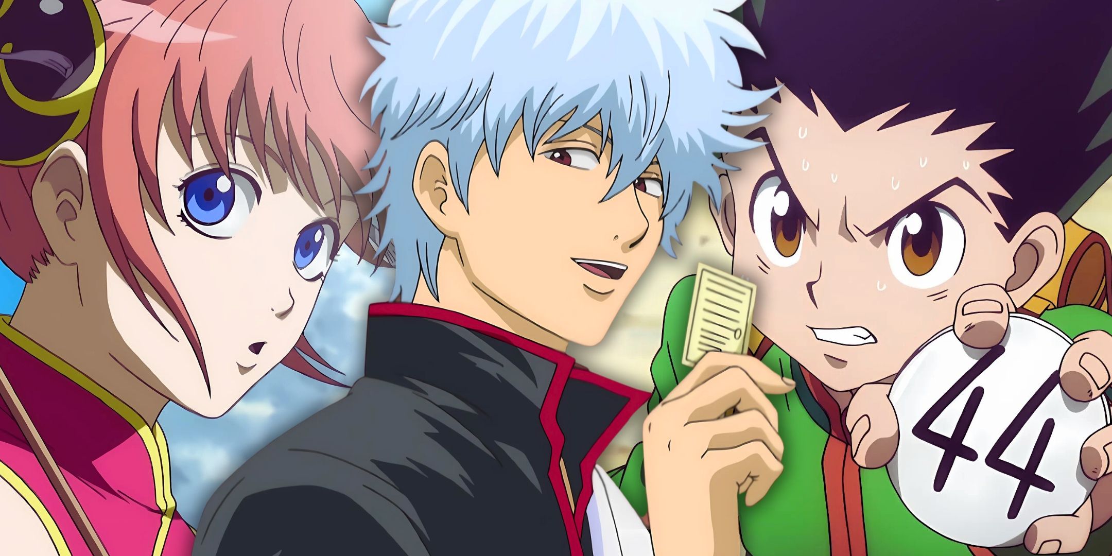 A collage featuring Hunter x Hunter characters and Gintama characters