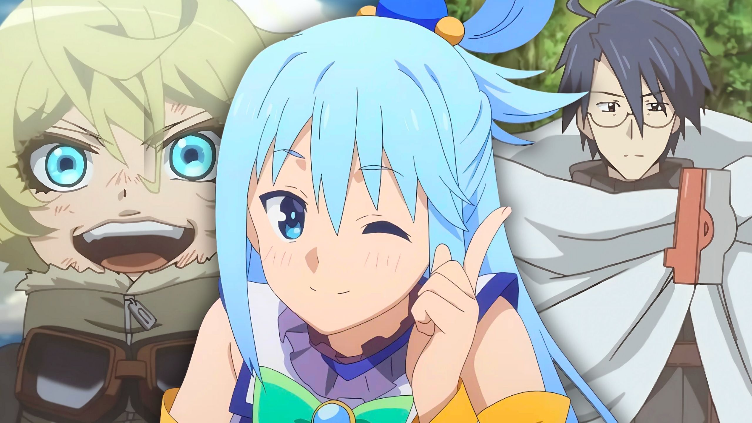 A collage featuring Tanya Degurechaff, Shiroe from Log Horizon, and Aqua from Konosuba.