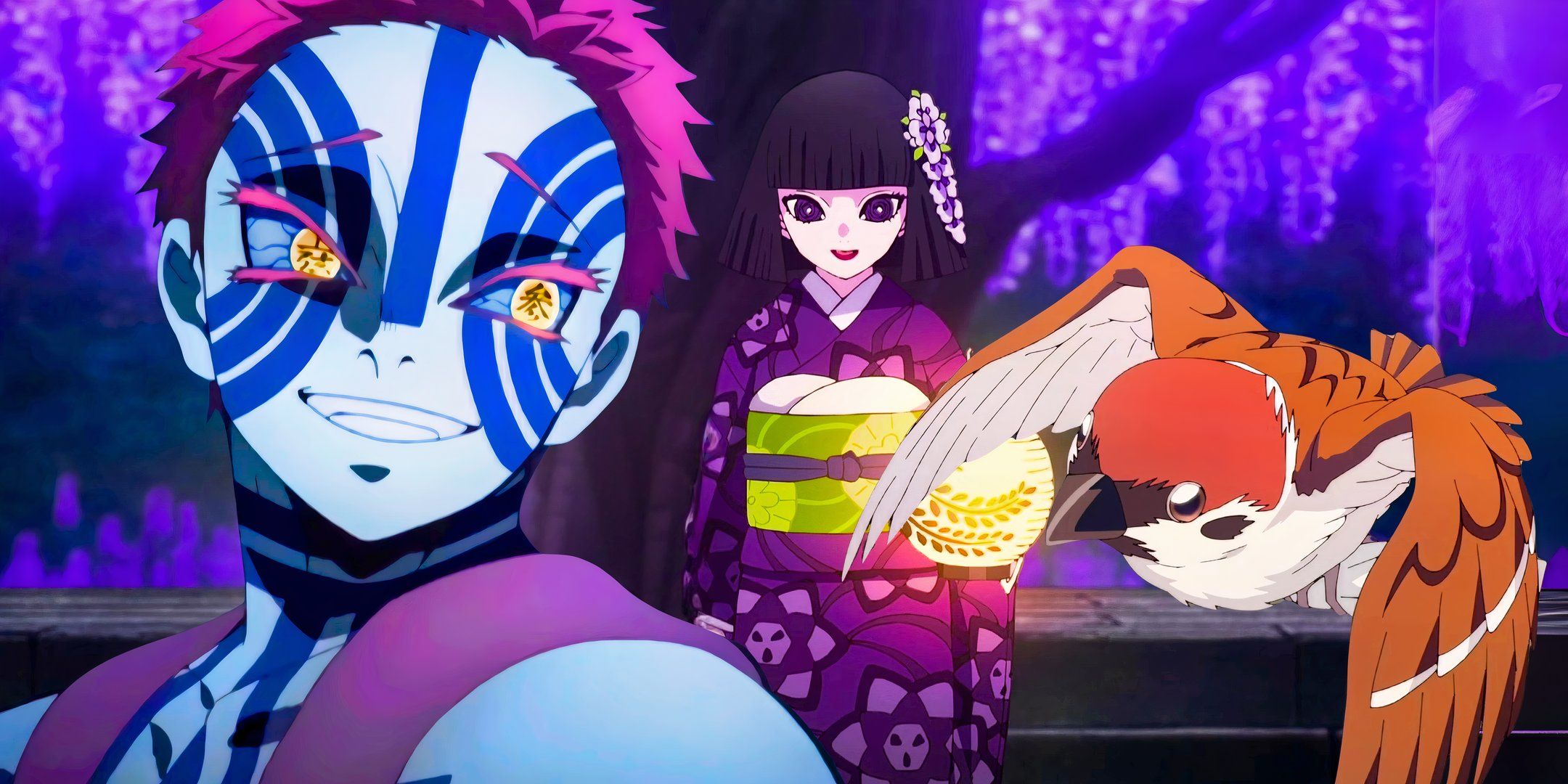 A collage featuring Akaza smiling in the front while Kiriya and Chuntaro (smaller) are in the back.