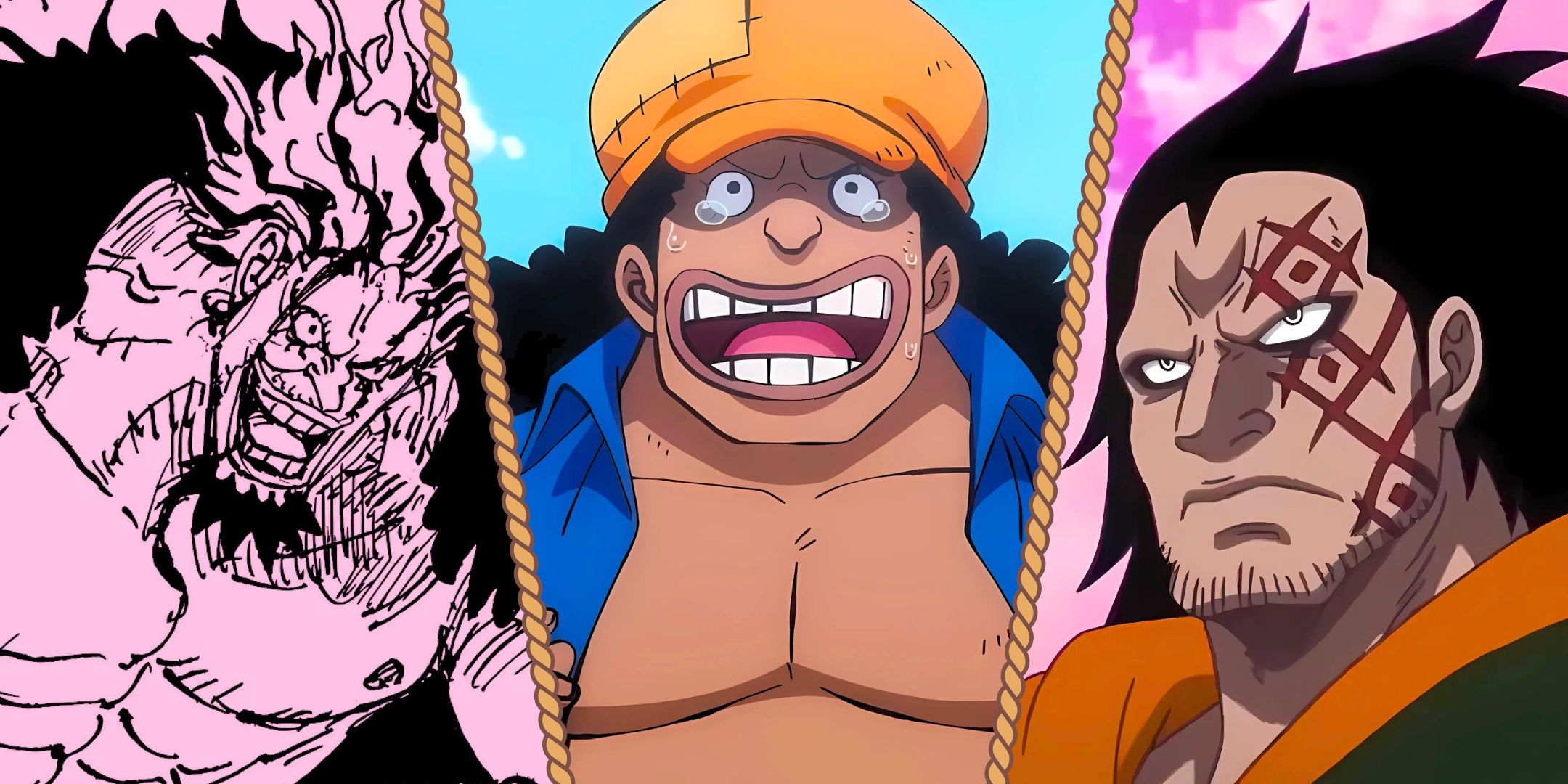 A split image featuring Monkey D. Dragon,. Rocks D. Xebec, and Blackbeard (young) from One Piece
