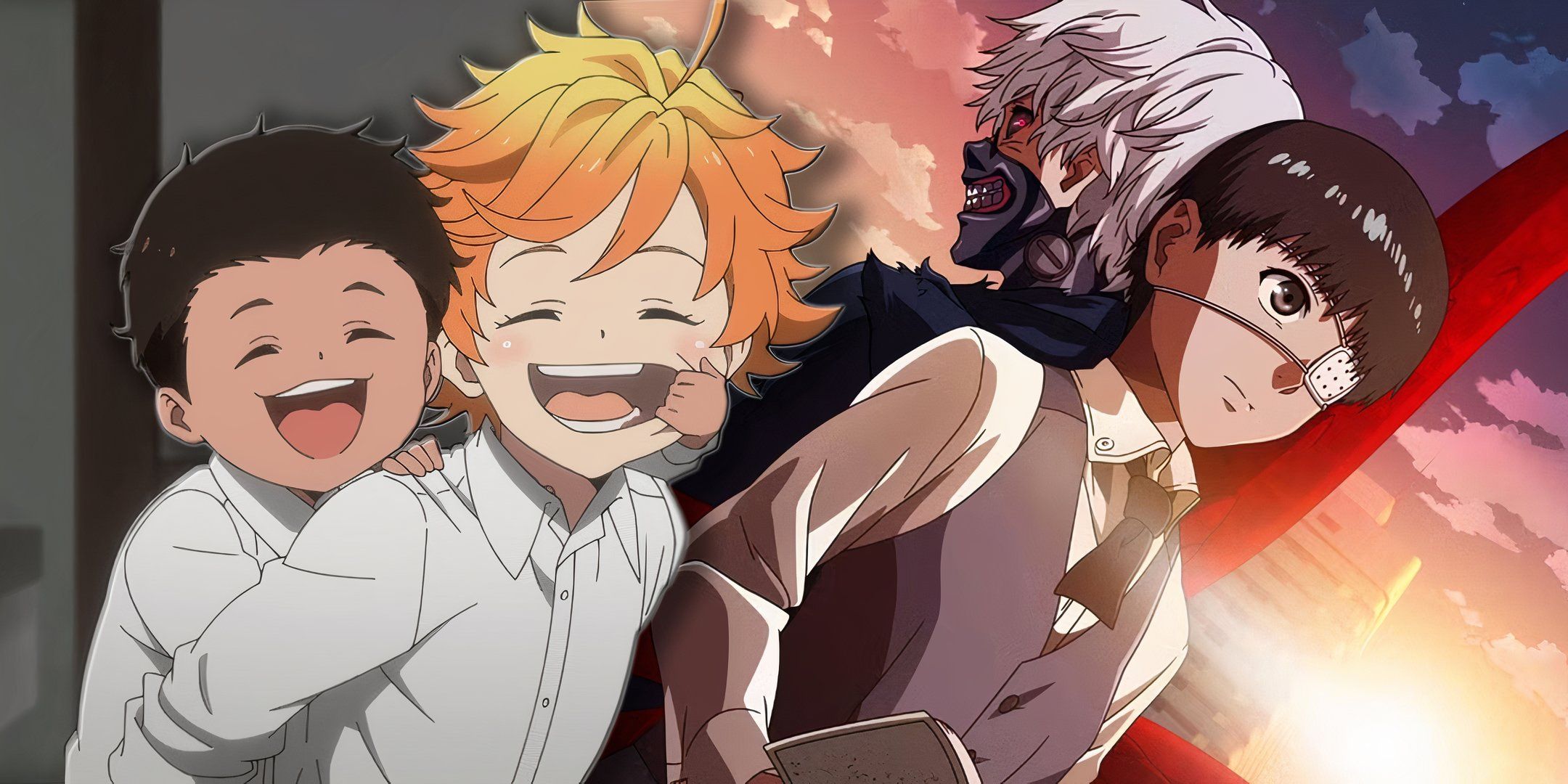 A collage of Emma in The Promised Neverland and Kaneki Ken in Tokyo Ghoul