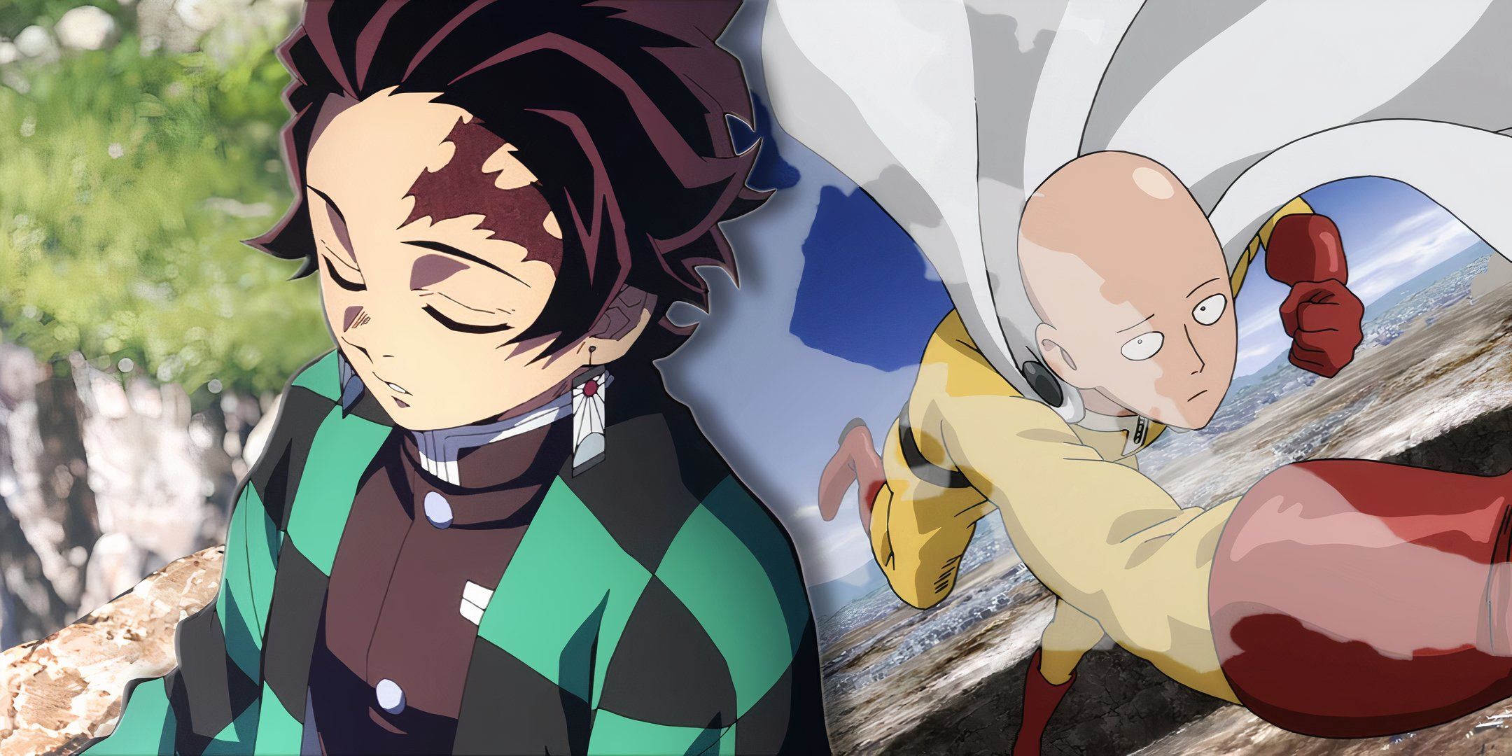 A collage of Tanjiro Kamado in Demon Slayer and Saitama in One-Punch Man