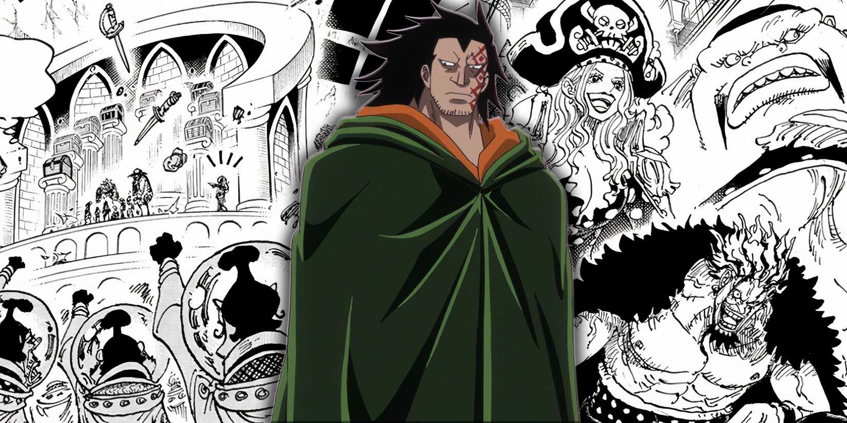 Un collage de l'incident de God Valley, de Monkey D. Dragon et des Rocks Pirates dans l'anime et le manga One Piece.