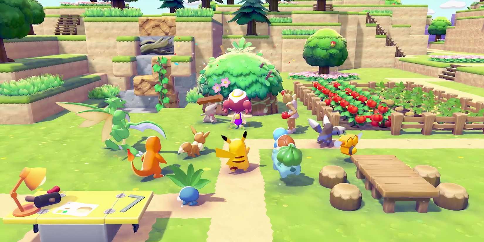 A crowd of Pokemon gathers near the player in Pokemon Pokopia