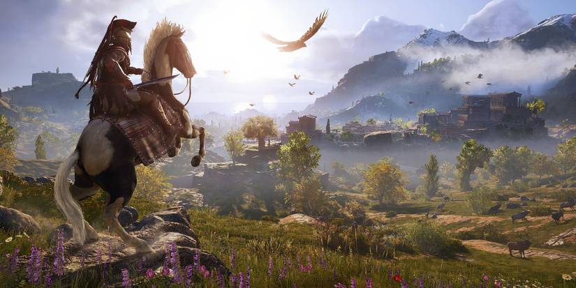 A warrior on his horse with a sword in Assassins Creed Odyssey
