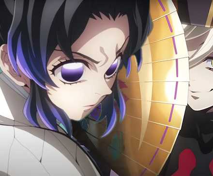 Shinobu faces off against Douma in the movie version of “Demon Slayer: Kimetsu no Yaiba Mugenjou”