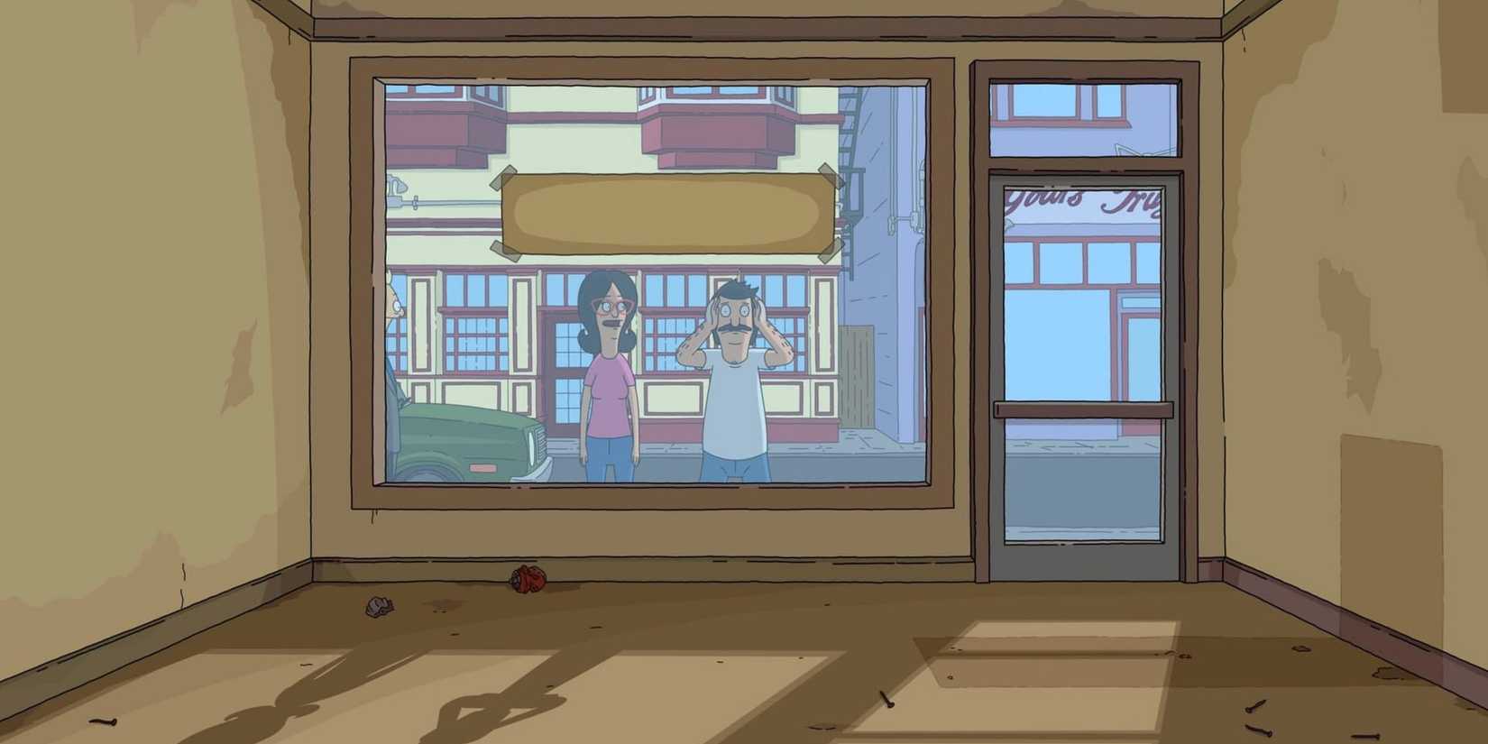 Linda and Bob Belcher looking inside the empty restaurant on Bob's Burgers